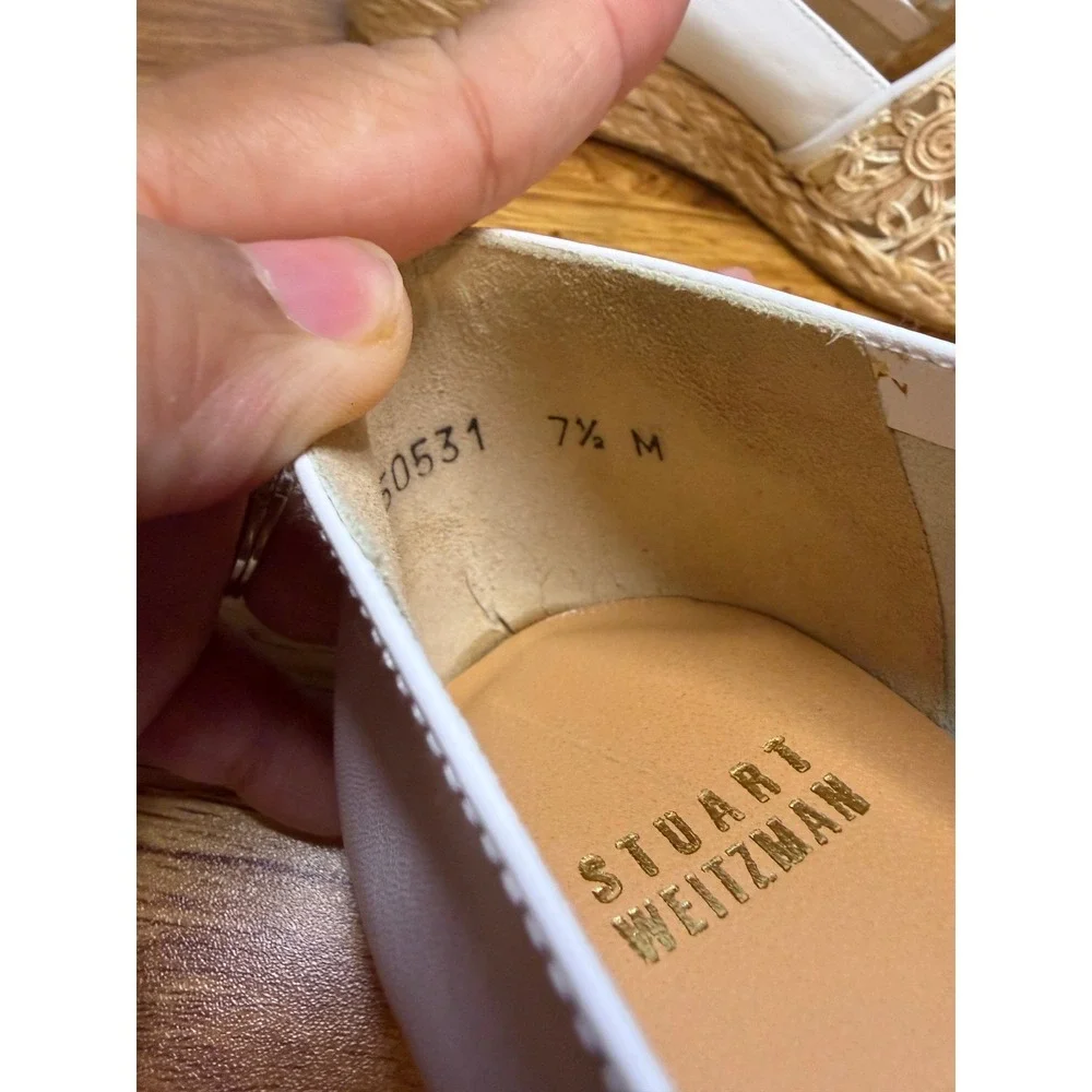 Stuart Weitzman White Leather Floral Crochet Raffia‎ Espadrille Wedges 7.5 NWOT